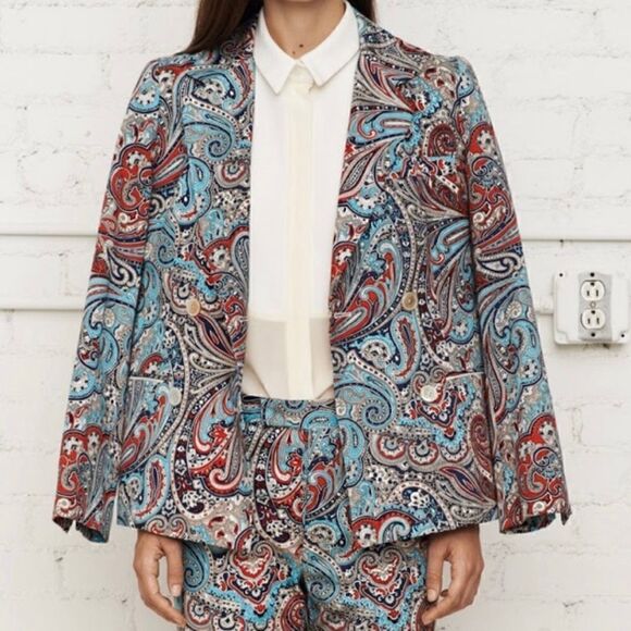 Sea New York Blue Paisley Print Pattern Double Breasted Blazer Jacket Sz 2 - Picture 1 of 5